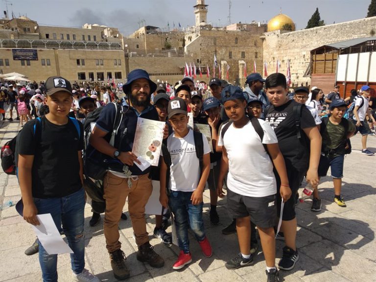 Seventh grade children from the city of Rehovot On an experiential tour to celebrate the Bar/Bat Mitzvah year, the peak of which is the arrival at the Western Wall.